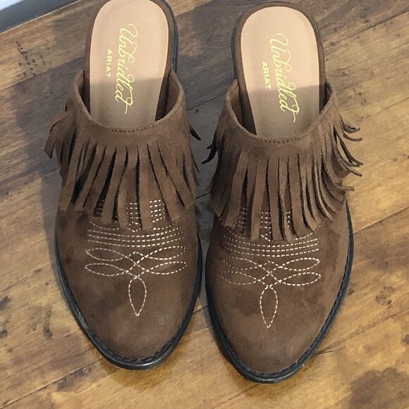 Ariat Unbridled Mules Women’s 6 Brown Whiskey Leather Shirley Fringe Western - Picture 3 of 12